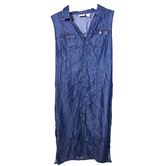 Chico's Medium Blue Denim button down sleeveless‎ Dress Womens Size - Picture 1 of 5